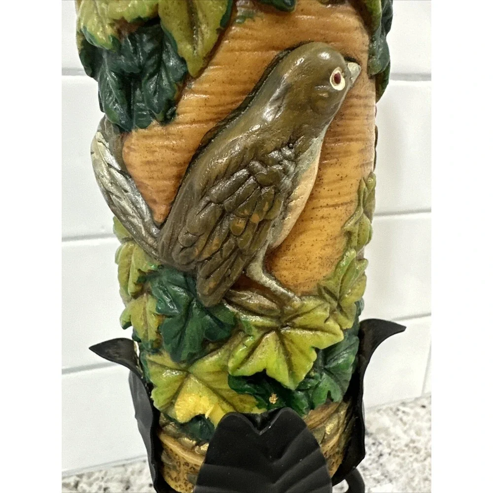 Vintage Pillar Candle With Iron Metal Holder Birds Leaves Great‎ Christmas Gift